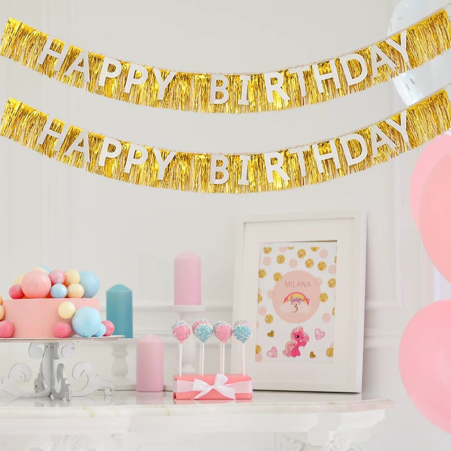 Happy Birthday Tinsel Fringe Garland, Gold & Silver