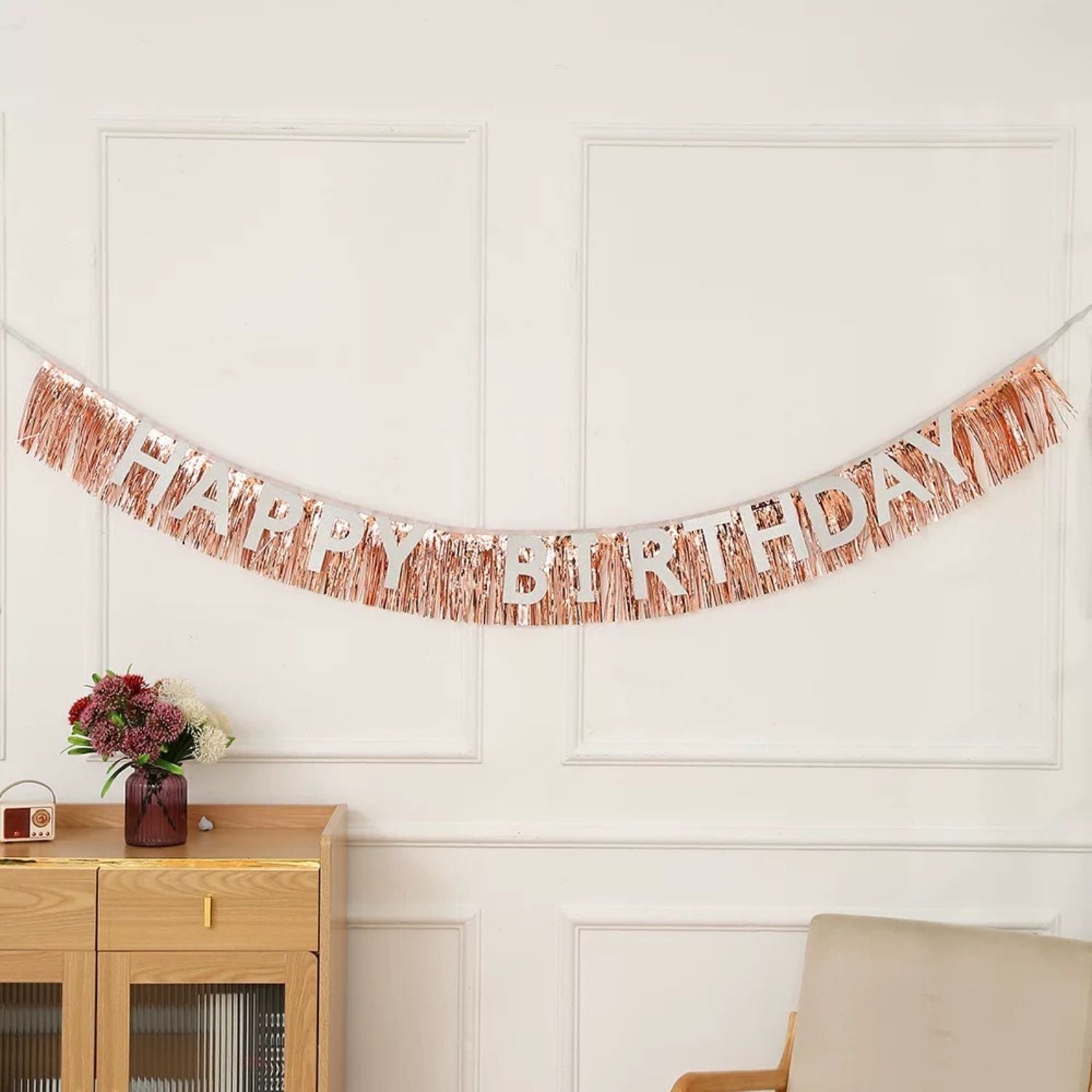 Happy Birthday Tinsel Fringe Garland, Rose Gold & Silver