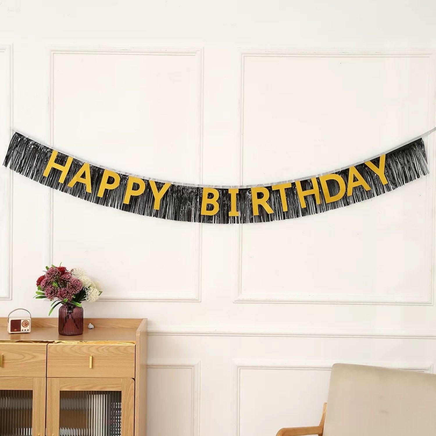 Happy Birthday Tinsel Fringe Garland, Black