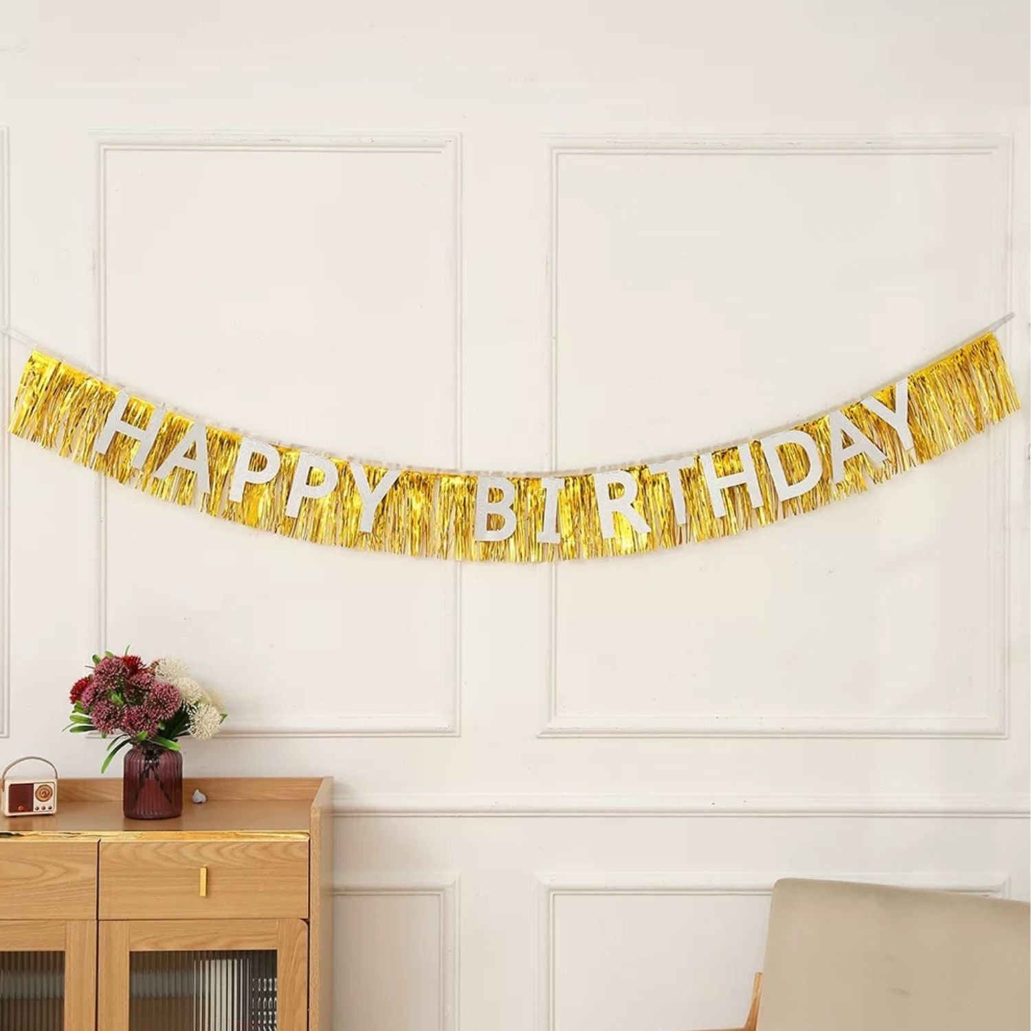 Happy Birthday Tinsel Fringe Garland, Gold & Silver