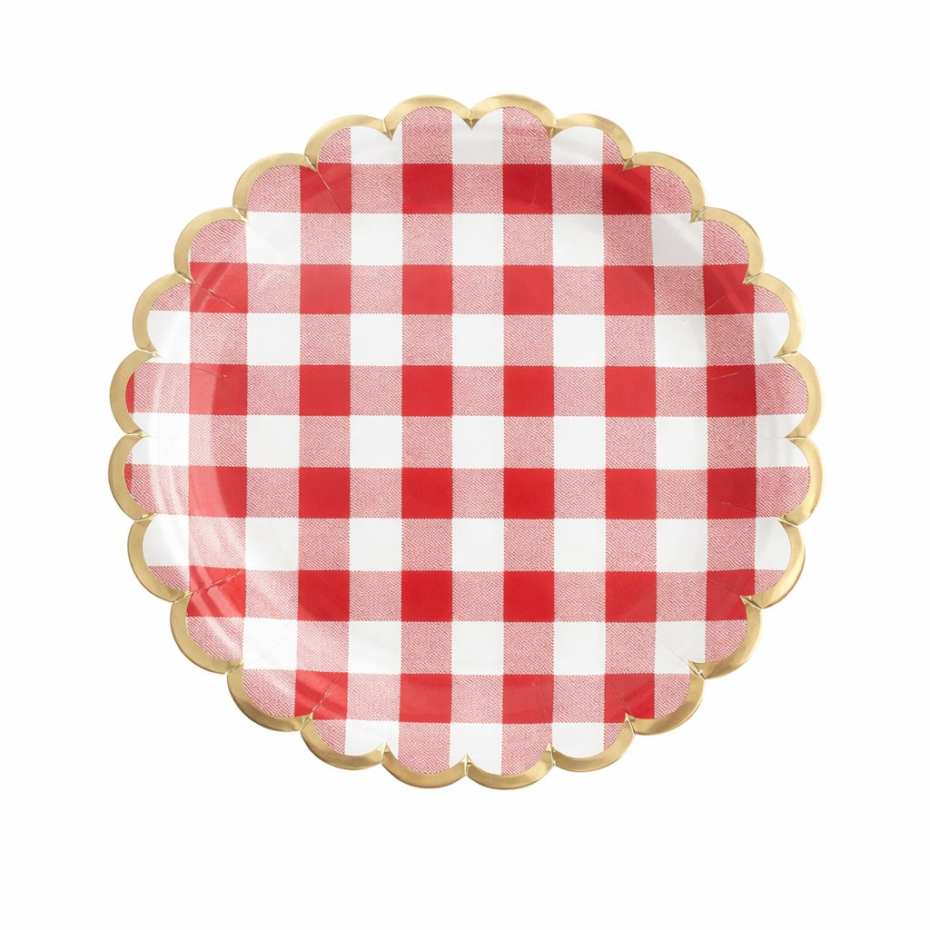Red Gingham Scalloped Plates, Round (set of 10)