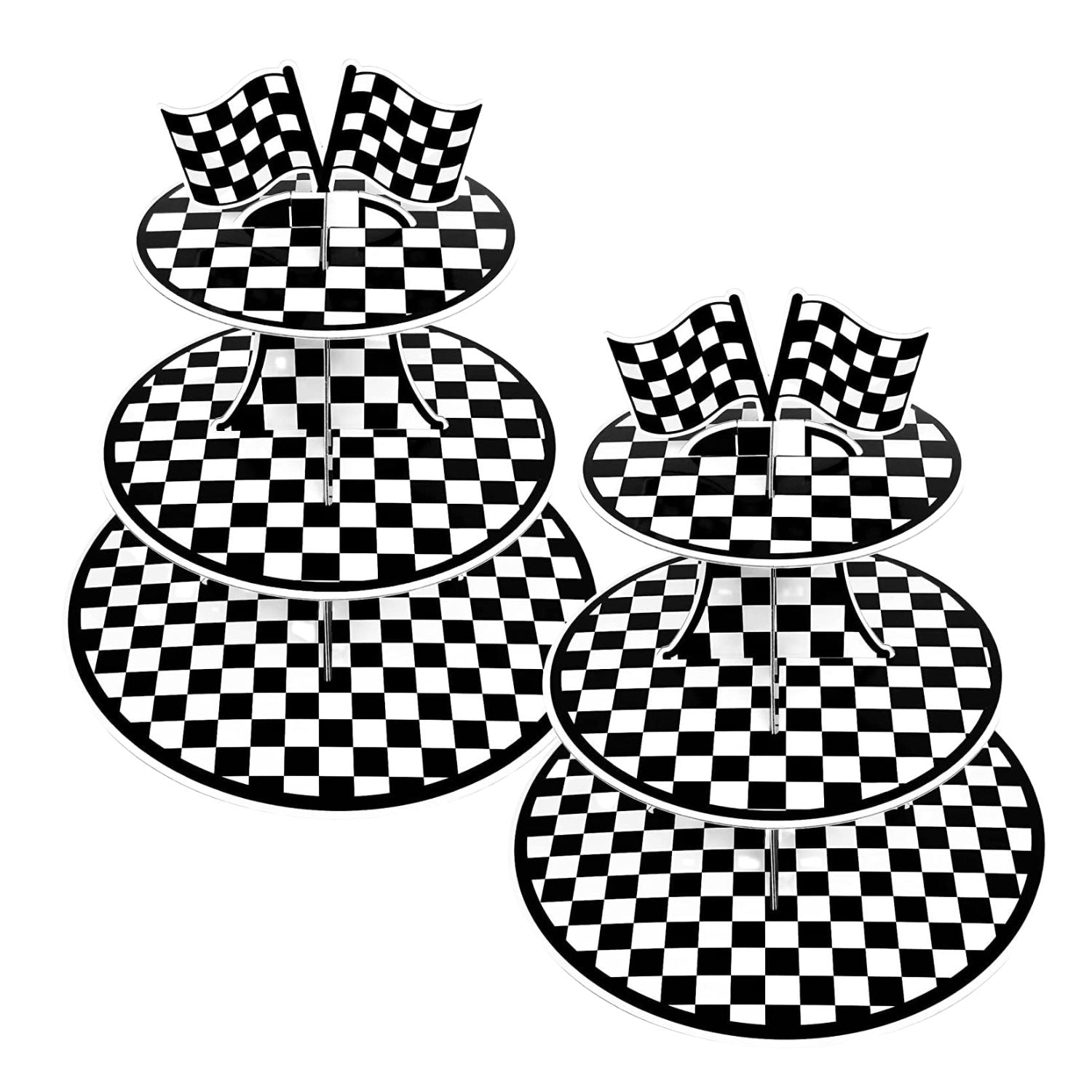 Race Car Themed 3 Tier Paper Cupcake Stand, Black & White