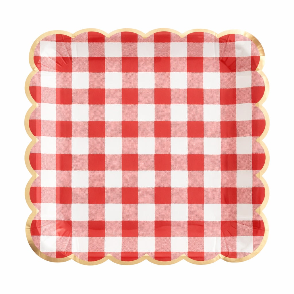 Red Gingham Scalloped Plates, Square (set of 10)