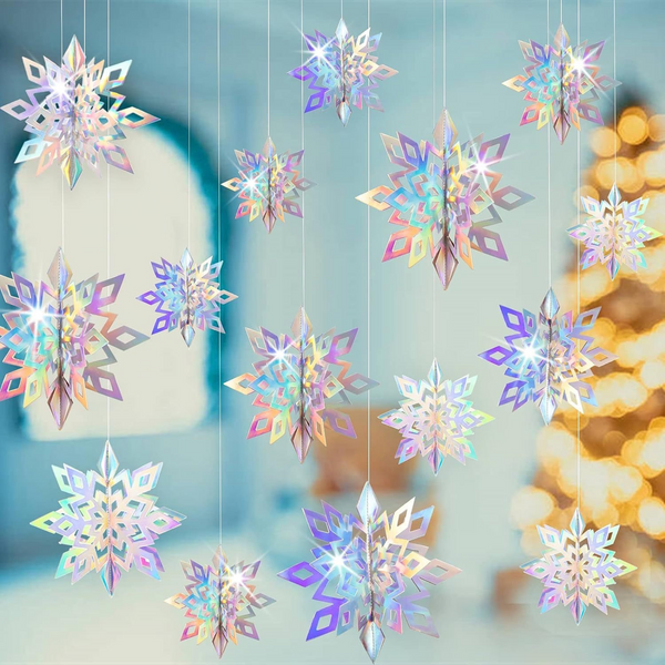 3D Iridescent Snowflake Pendant , Silver (set of 6)