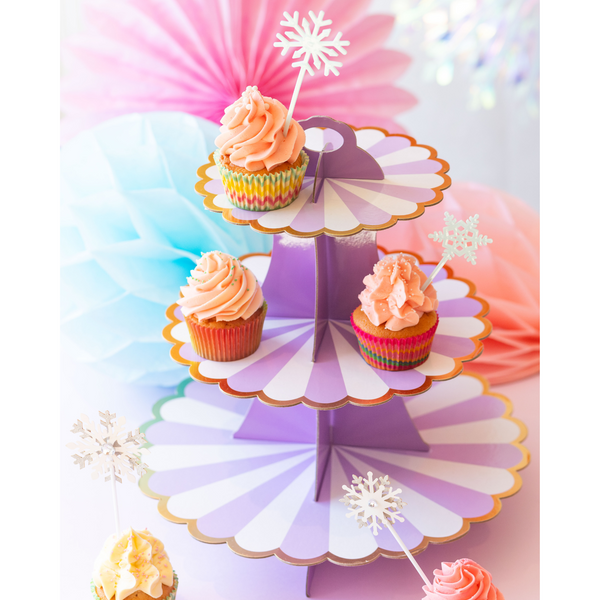 3 Tier Paper Cupcake Stand, Purple & White Striped